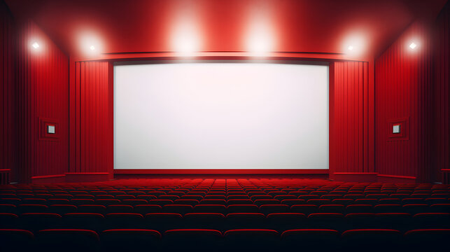 Empty cinema in red color with white blank screen. Mockup of movie theater or hall, no people and auditorium