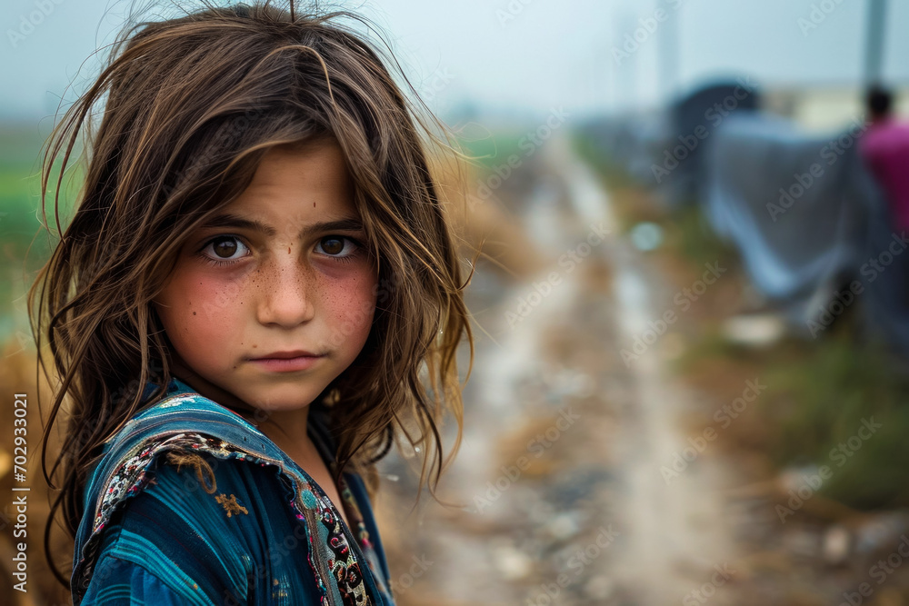 Poster the child is a refugee. background with selective focus and copy space