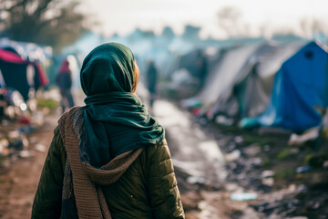 Refugees in the camp. Background with selective focus and copy space - obrazy, fototapety, plakaty
