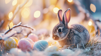 Fototapeta na wymiar Easter background featuring an adorable bunny and colorful eggs. This concept brings the joy of the holiday moment, conveying the positive atmosphere of spring and the traditional joy of Easter.