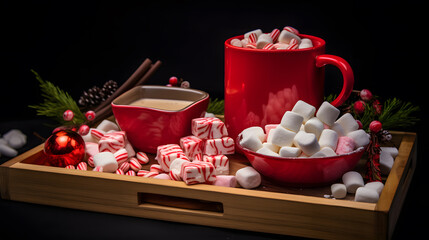 Red cup of cocoa and marshmallows. Neural network AI generated art