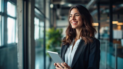 A Smiling Woman Holding a Tablet