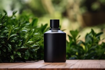Unbranding black bottle for men's luxury perfume with special wood aroma on wooden table with tropical leaves as background. Mockup design.