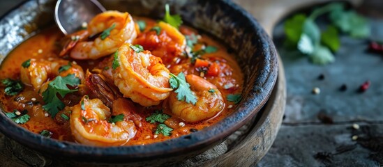 Delicious shrimp curry in tomato sauce. Serving suggestion. Food photography. - obrazy, fototapety, plakaty