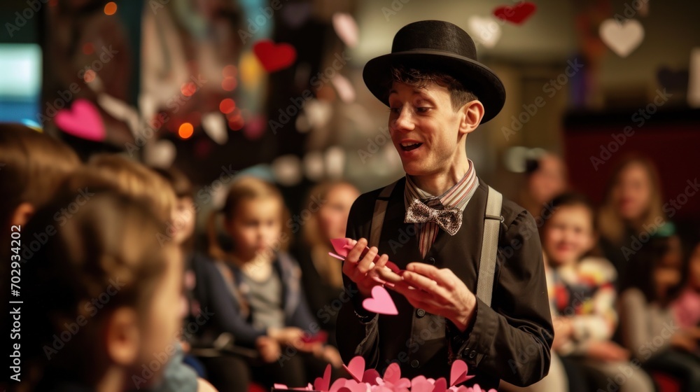 Poster a man in a top hat and bow tie standing in front of a group of children with a cake in front of him.