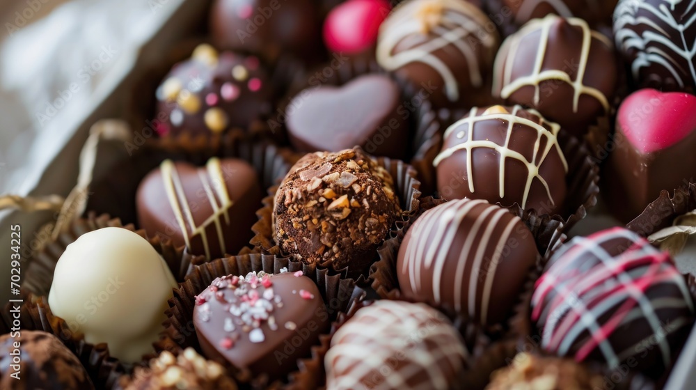 Aufkleber a close up of a box of chocolates with different types of candies on the inside of the box.