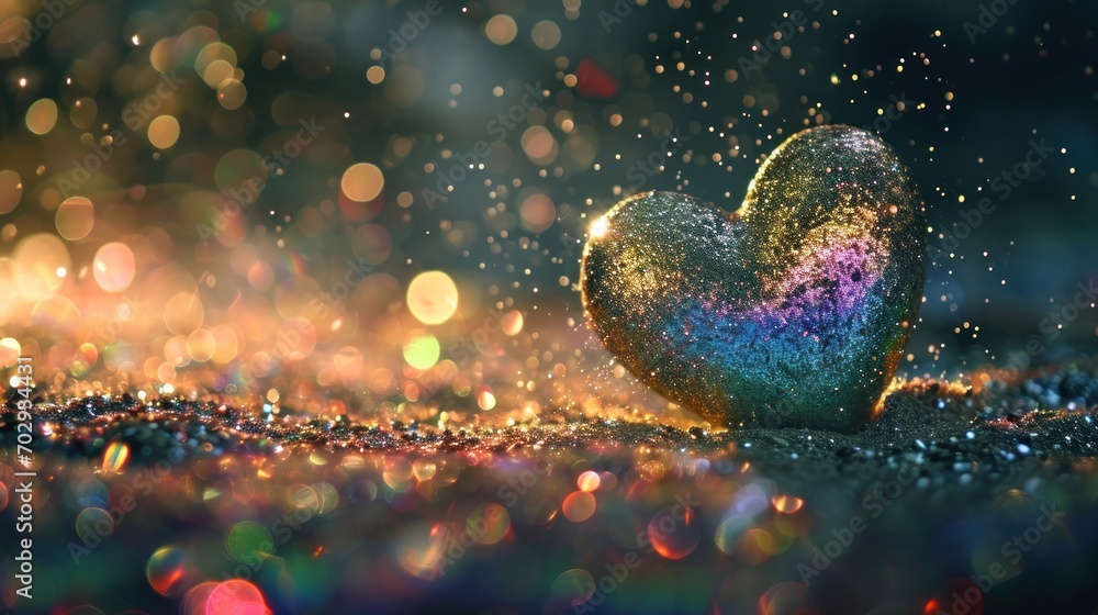 Poster a heart shaped object sitting in the middle of a field of glitter and sparkles on top of the ground.