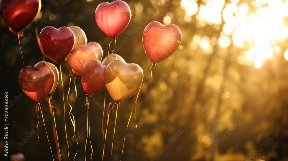Poster a bunch of heart shaped balloons sitting on top of a stick in the middle of a field with trees in th