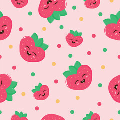 Cute funny seamless pattern with strawberry character on pink background