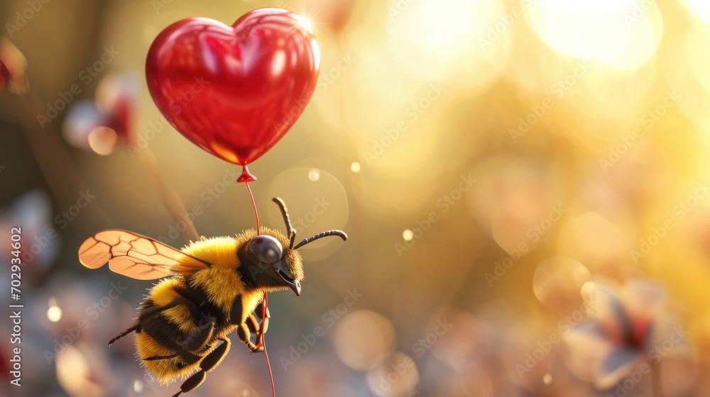 Poster a close up of a bee on a string with a heart shaped balloon attached to the end of the string.