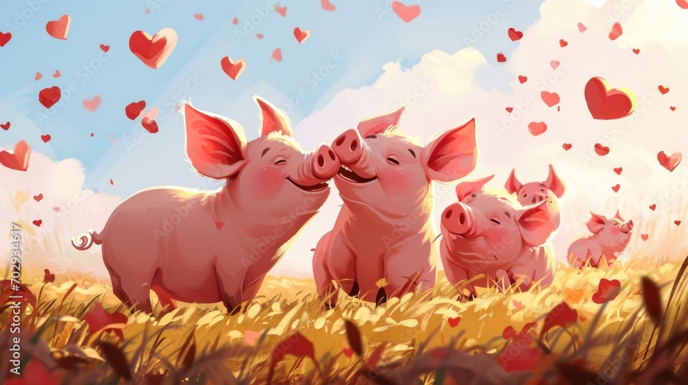 Poster a couple of pigs standing next to each other in a field of grass with hearts floating in the sky beh