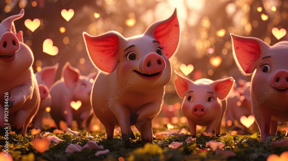 Poster a group of pigs standing next to each other on top of a lush green field with hearts floating in the