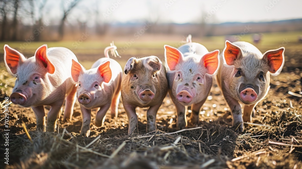 Poster a group of pigs standing next to each other on top of a dry grass field with birds in the background