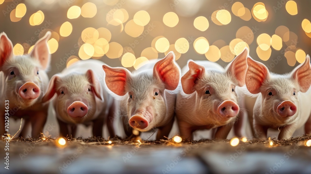 Poster a group of pigs standing next to each other in front of a string of lights and a boke of lights behi