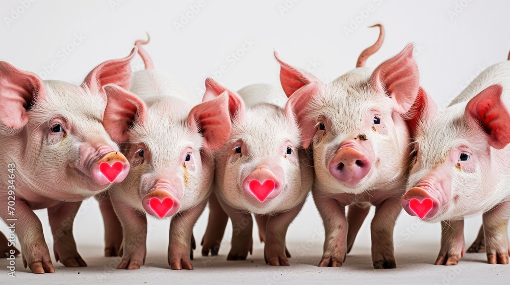 Aufkleber a group of pigs standing next to each other in front of a white background with a heart in the middl