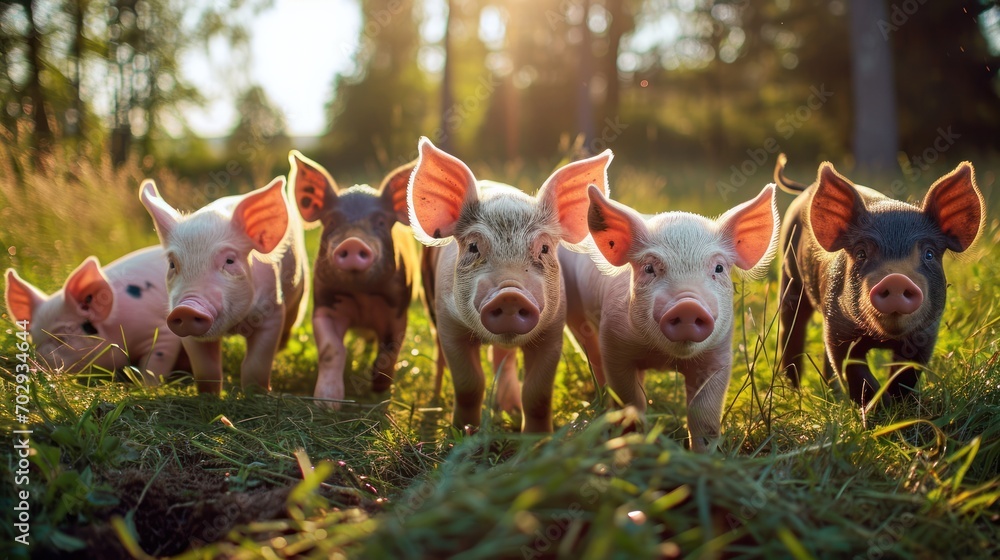 Poster a group of pigs standing next to each other on a lush green field with trees and grass in the backgr