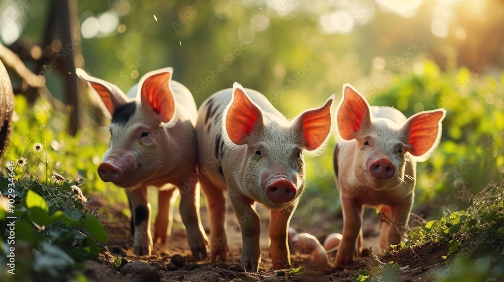 Poster a group of three pigs standing next to each other on top of a grass covered field with trees in the 