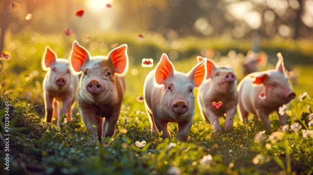 Poster a group of pigs standing next to each other on top of a lush green field with a forest in the backgr