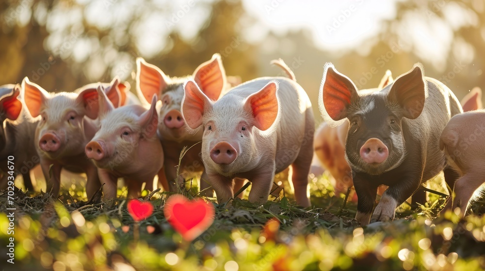 Poster a herd of pigs standing next to each other on top of a lush green field with trees in the background