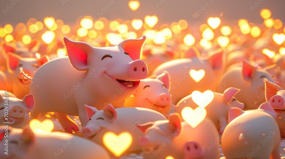 Aufkleber a group of pigs standing next to each other in the middle of a field of pigs with hearts on them.