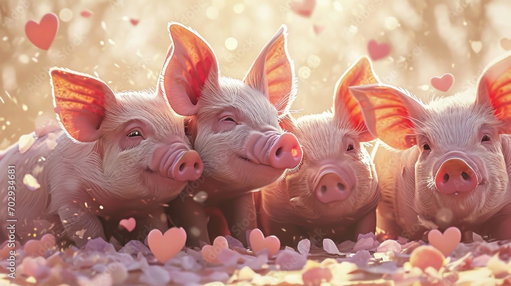 Poster a group of three pigs standing next to each other on top of a field of flowers with hearts in the ba