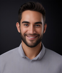 Portrait close up shot of a decent looking happy smiling man isolated in a copy space black background, Profile picture of an employee - obrazy, fototapety, plakaty
