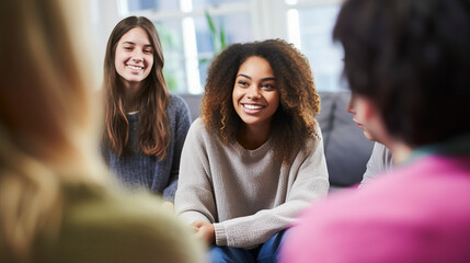 Adolescent girl engages in a therapeutic discussion with a group.