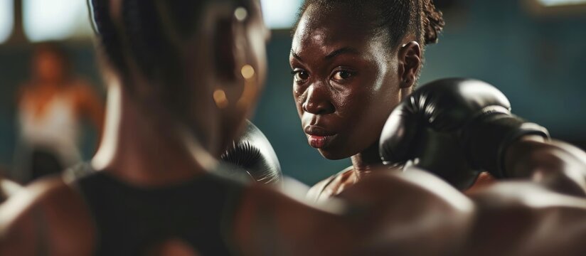 Fitness trainer helps young African woman boxer at the gym. Attractive athletes practice Muay Thai for health with coach at the stadium.