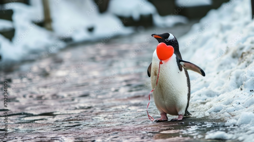 Poster a penguin with a red heart on it's head is walking in the snow with a red heart on it's tail.