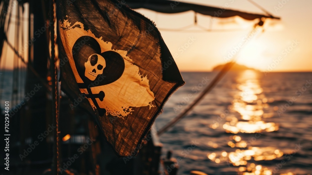 Poster a pirate flag with a skull and crossbones on it hanging from the side of a boat in the ocean.