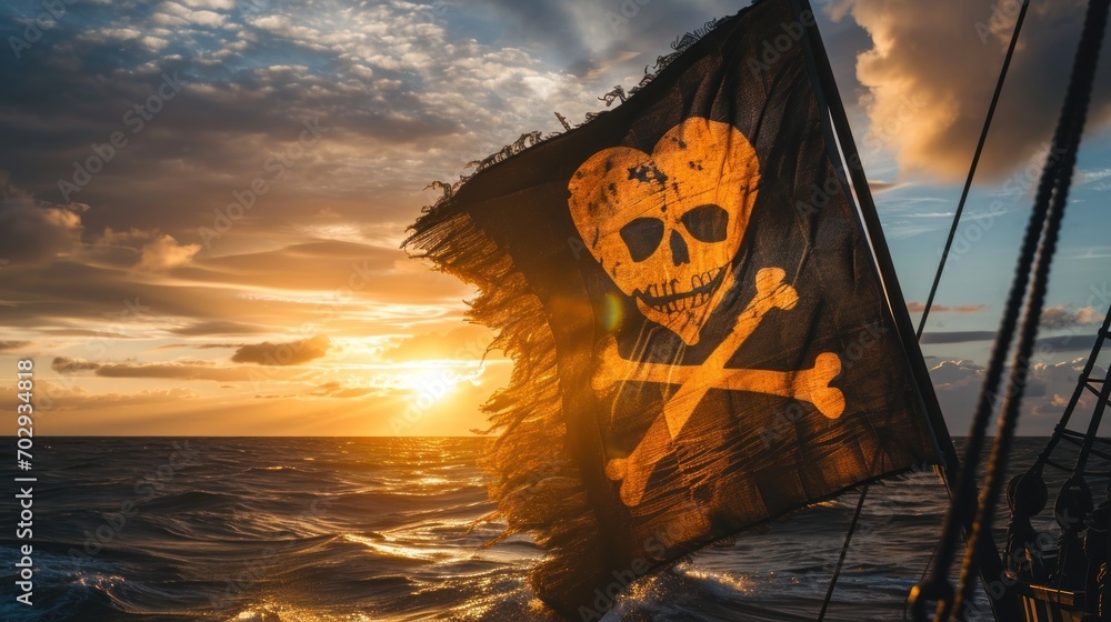 Poster a pirate flag with a skull and crossbones on it on the deck of a ship in the ocean.