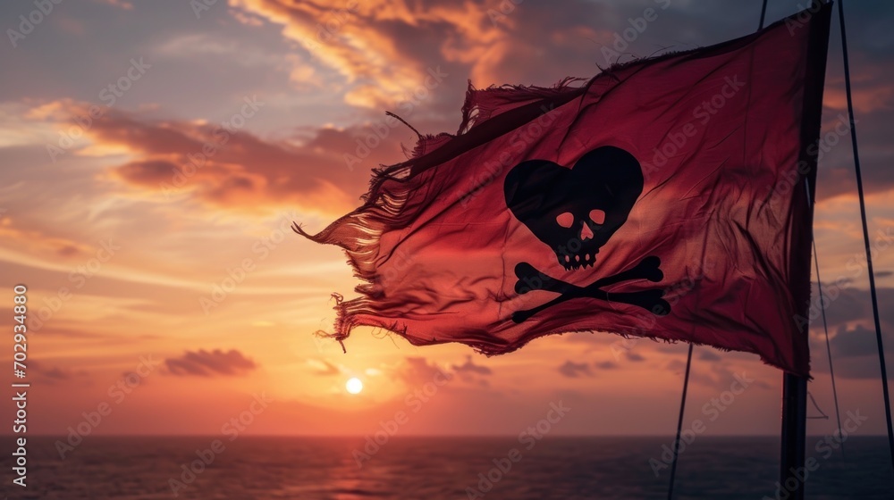 Poster a flag with a skull and crossbones on it flying in front of a sunset over the ocean with a boat in t