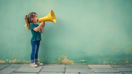 little girl with megaphone is spreading the news - obrazy, fototapety, plakaty