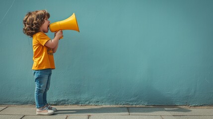 little boy with megaphone is spreading the news - obrazy, fototapety, plakaty