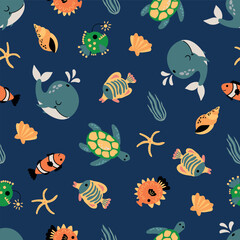 Seamless pattern with sea animals. Whale, turtle, fish, lantern fish.	