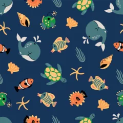 Fototapete Unter dem Meer Seamless pattern with sea animals. Whale, turtle, fish, lantern fish. 
