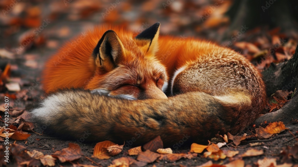 Poster a close up of a fox curled up in a pile of leaves with it's head resting on it's side.