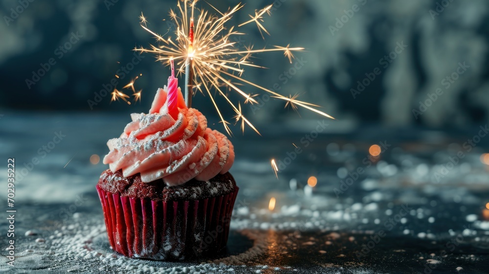 Poster a cupcake with a red frosting and a sparkler sticking out of it's top on a table.