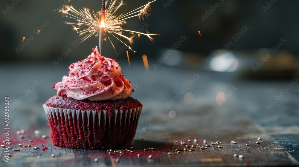 Poster a cupcake with a red frosting and a sparkler sticking out of it's top on a table.