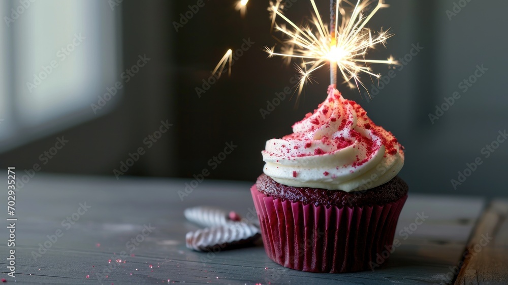 Poster a cupcake with white frosting and red sprinkles with a sparkler sticking out of it.