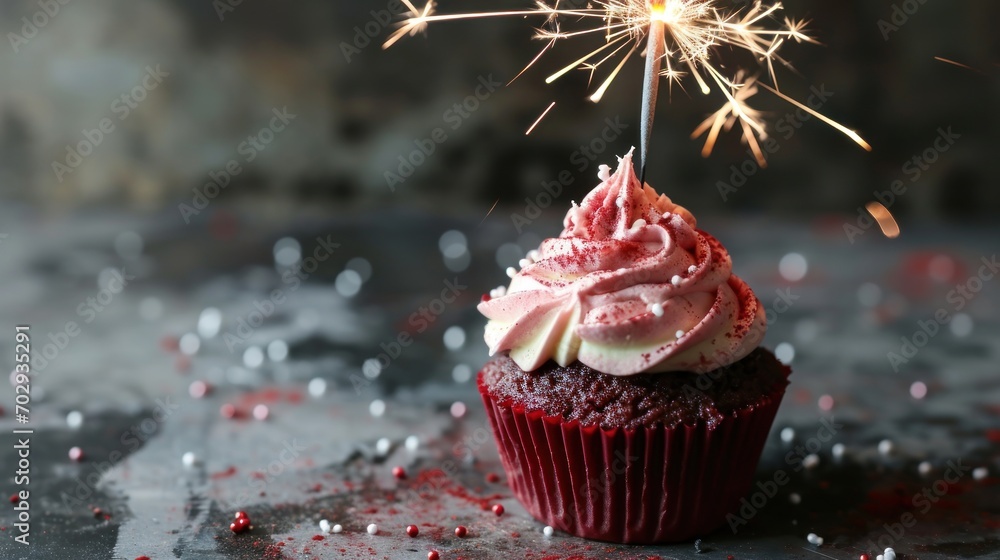 Poster a cupcake with pink frosting and a sparkler sticking out of it on a table with red sprinkles.