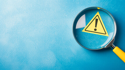 A yellow warning triangle inside the glass of a magnifying glass against a blue background, with copy space, signifies a maintenance alert and emphasizes the risk concept. - obrazy, fototapety, plakaty