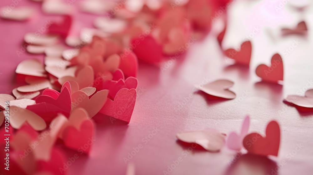 Poster a close up of many hearts on a table with confetti in the shape of hearts on the table.