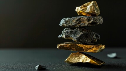 The Art of Stone Balancing. Balancing golden rocks on dark background. Stacking. Rocks are piled in balanced stacks