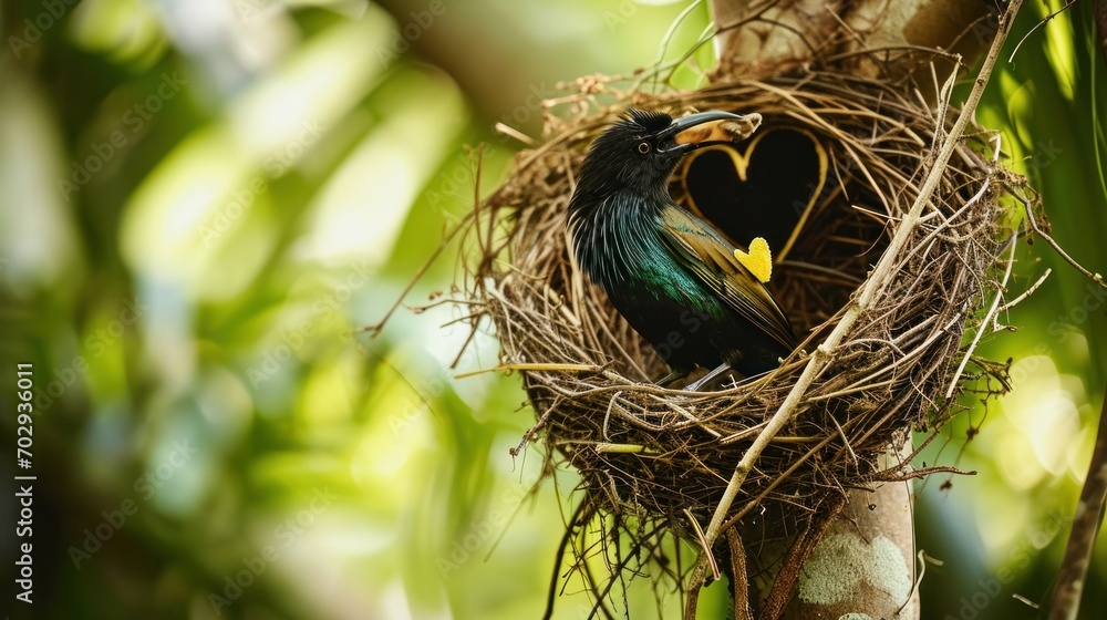 Poster a bird sitting on top of a nest in a tree next to a green leaf filled tree with lots of branches.