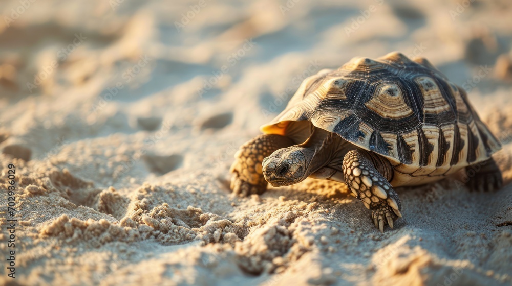 Poster a close up of a small turtle on a beach with sand in the foreground and rocks in the background.