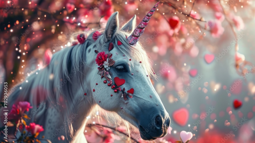 Poster a close up of a unicorn with a flower crown on it's head and a tree in the background.