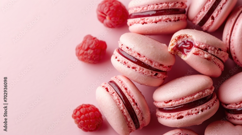 Aufkleber a pile of raspberry macaroons and raspberries on a pink surface with a bite taken out of one of the 