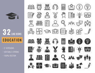 32 education icons for web and applications. 2 versions of style, line and fill. Vector icons.