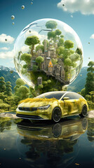 Biofuel-powered vehicle depicted in a picturesque setting, promoting sustainable and renewable fuel alternatives